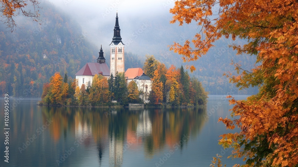 Church on an Island with Autumn Foliage and Foggy Mountains in the Background Church on an Island with Autumn Foliage and Foggy Mountains in the Background