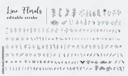 Flowers set of different elegant, brunch & frames from flat editable stroke. Hand drawn floral luxury line floral collection for wedding invitation art, save the date card design template Etc. Botanic