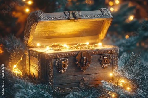 Chest Treasure. Greeting Card Design of Vintage Chest with Magical Light