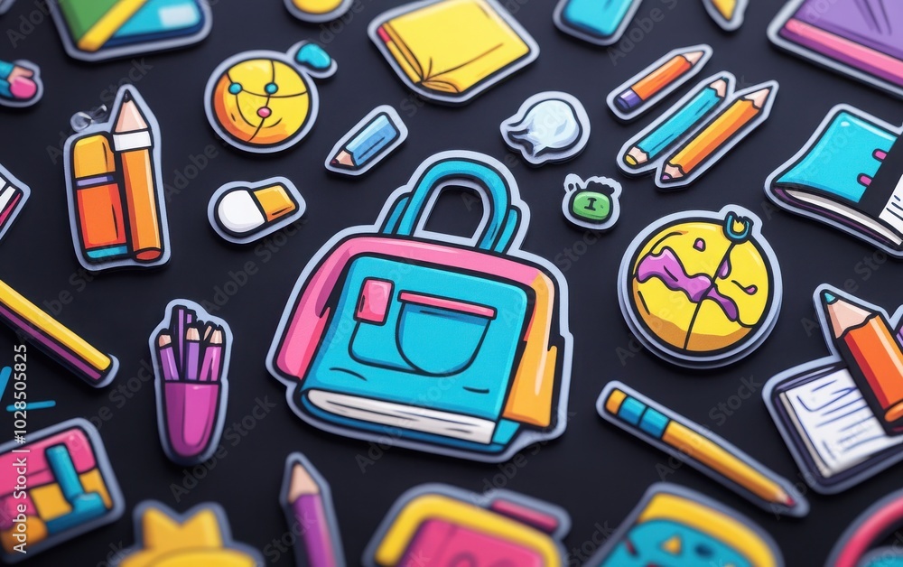 A vibrant school bag stickers icon set featuring a variety of playful and colorful icons, including books, pencils, globes, and art supplies, designed specifically for school supplies A vibrant school bag stickers icon set featuring a variety of playful and colorful icons, including books, pencils, globes, and art supplies, designed specifically for school supplies