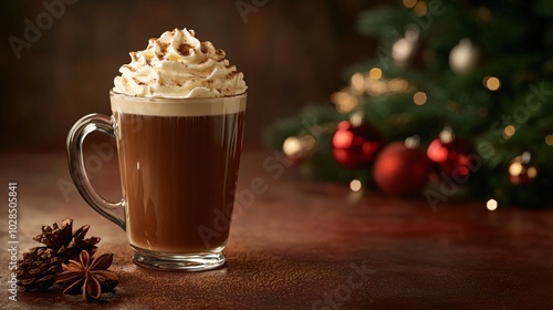 A decadent Irish coffee with whipped cream and a sprinkle of nutmeg, served in a tall glass mug, against a deep brown background with subtle festive accents