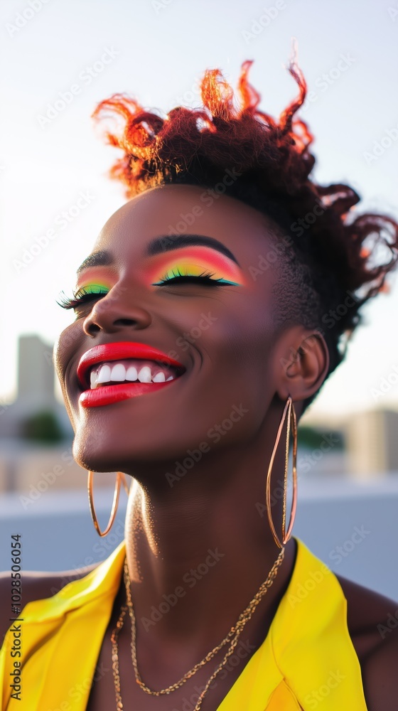 Obraz premium An African American person smiles broadly, highlighting bold and colorful makeup that expresses joy and LGBTQ pride amidst a sunny urban skyline backdrop