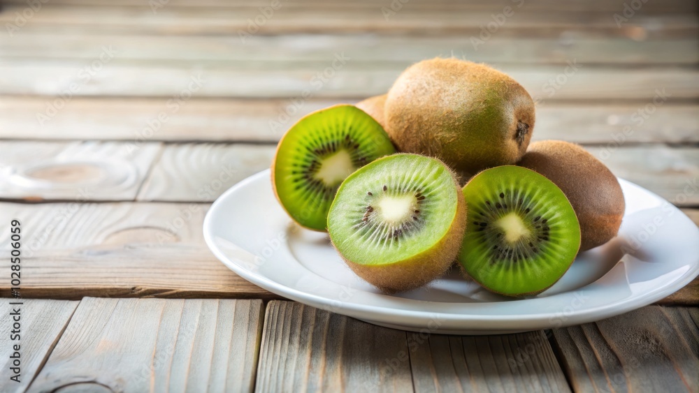 Fresh, vibrant kiwi fruits arranged on a plate showcase minimalist food photography, promoting healthy living through colorful and visually appealing culinary art. Enjoy nature's goodness! Fresh, vibrant kiwi fruits arranged on a plate showcase minimalist food photography, promoting healthy living through colorful and visually appealing culinary art. Enjoy nature's goodness!