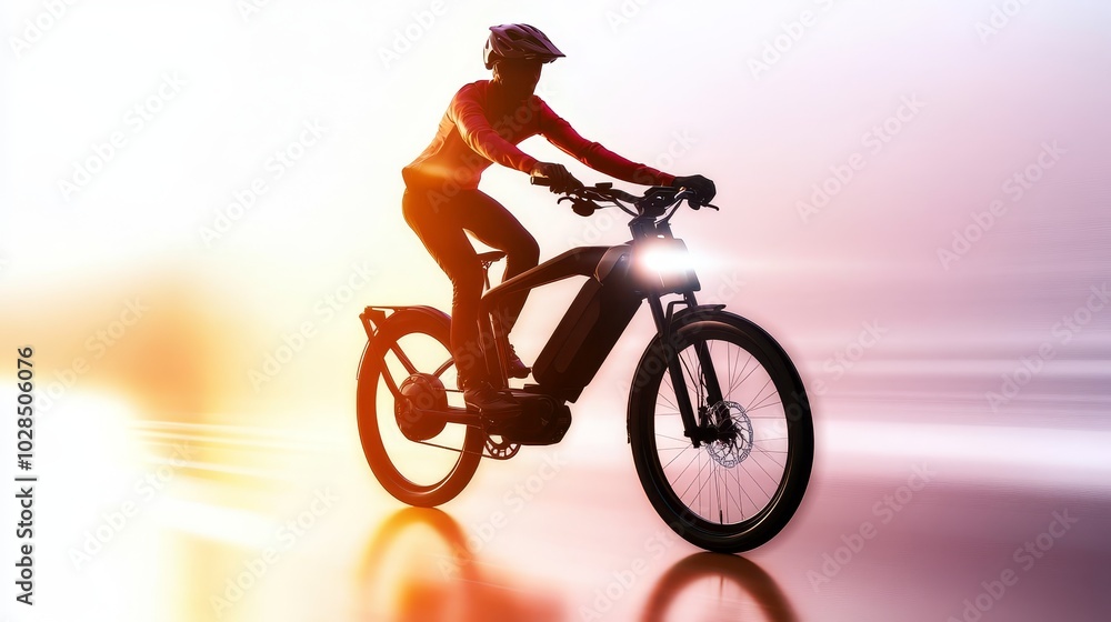 Fototapeta premium An energetic rider navigates through a sunset on an electric bike, capturing the thrill of modern cycling.