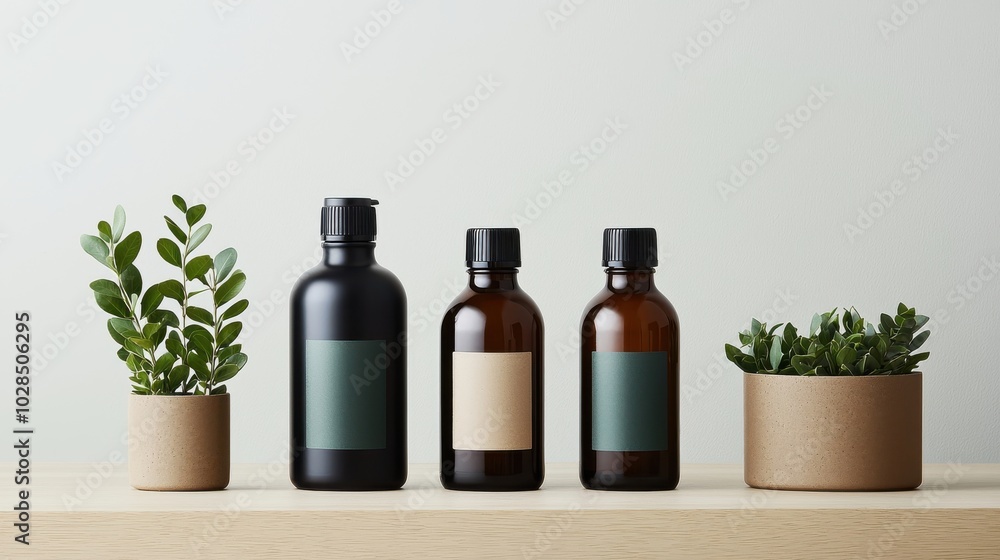 Minimalist Product Display with Green Plants and Bottles on Wooden Shelf Minimalist Product Display with Green Plants and Bottles on Wooden Shelf