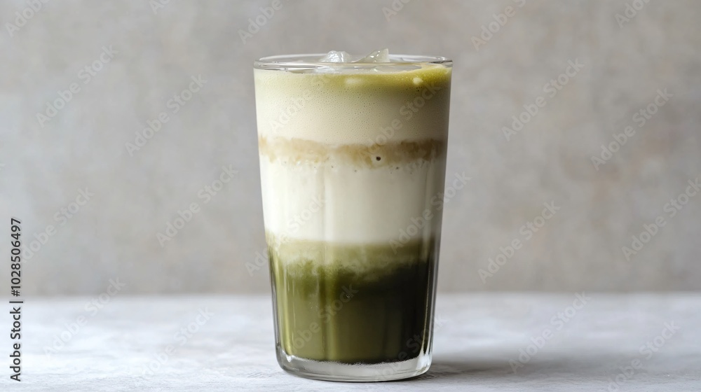 A frothy matcha iced latte served in a tall glass with visible layers of milk and matcha, isolated against a light gray background with minimalistic bamboo patterns A frothy matcha iced latte served in a tall glass with visible layers of milk and matcha, isolated against a light gray background with minimalistic bamboo patterns