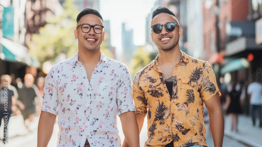 Naklejka premium Two joyful men of diverse backgrounds stroll together down a bustling city street, showcasing their love and connection on a beautiful sunny day