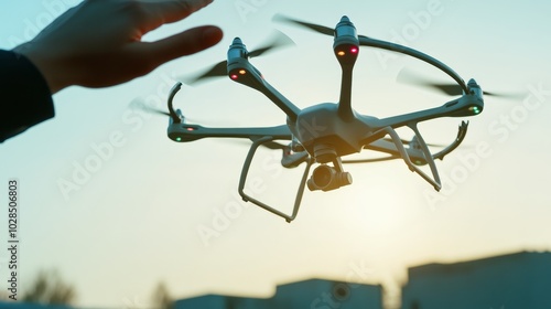 A hand launches a drone into the sky at sunset, showcasing the excitement of aerial technology and innovation.