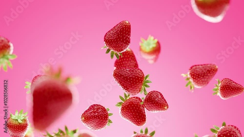 4K slow motion 3D animation Fresh, vibrant Strawberry floating in Light Fuchsia Background, showcasing their rich red color and green leaves, evoking a sense of natural sweetness and summer freshness
