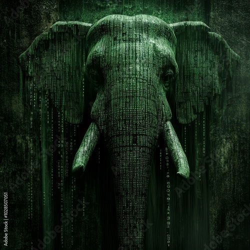 Stylized elephant design on a dark green background with an abstract pattern.