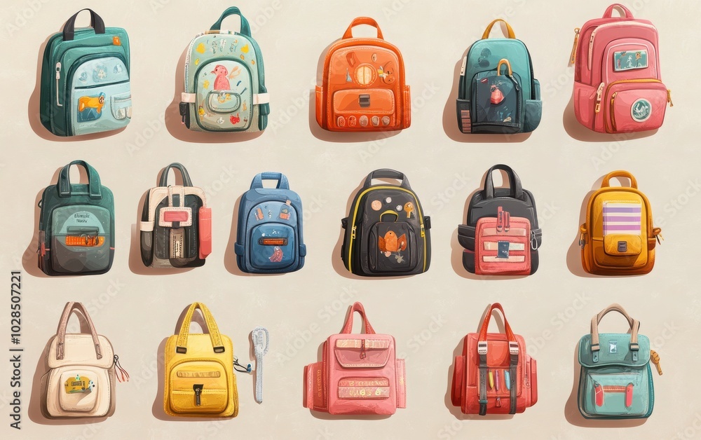 An appealing set of vector illustrations of children's school backpacks, designed with functional compartments for supplies, showcasing a range of cheerful colors and playful themes An appealing set of vector illustrations of children's school backpacks, designed with functional compartments for supplies, showcasing a range of cheerful colors and playful themes