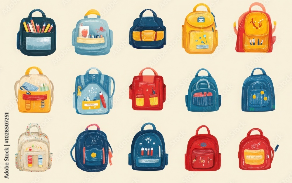 An appealing set of vector illustrations of children's school backpacks, designed with functional compartments for supplies, showcasing a range of cheerful colors and playful themes An appealing set of vector illustrations of children's school backpacks, designed with functional compartments for supplies, showcasing a range of cheerful colors and playful themes