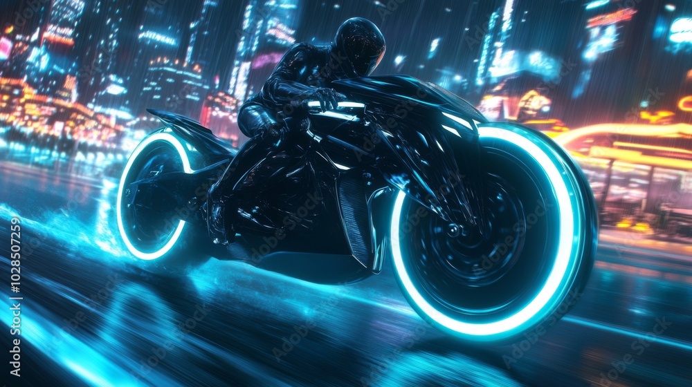 A futuristic motorcycle speeds through a neon-lit city at night, leaving a trail of light in its wake. A futuristic motorcycle speeds through a neon-lit city at night, leaving a trail of light in its wake.