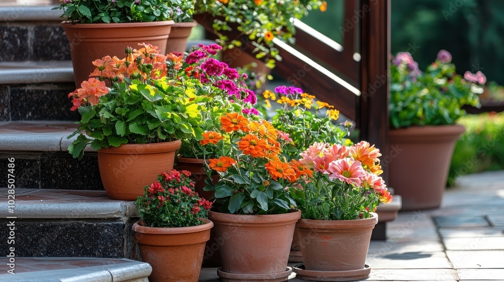 a series of cascading flower pots on a patio, representing creativity in gardening and design a series of cascading flower pots on a patio, representing creativity in gardening and design