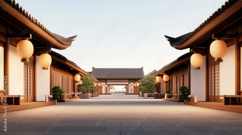 Fototapeta premium A long, narrow street with a large building on one side