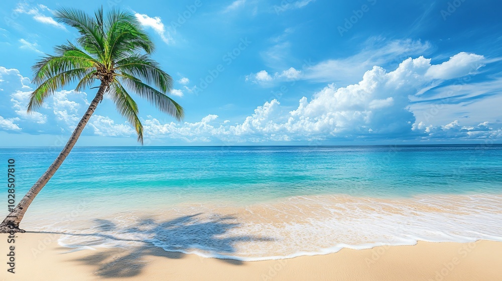 2410_062.serene tropical island beach with a lone palm tree leaning towards the crystal-clear waters of the turquoise ocean, warm golden sand beneath, and vibrant blue sky above with scattered soft 2410_062.serene tropical island beach with a lone palm tree leaning towards the crystal-clear waters of the turquoise ocean, warm golden sand beneath, and vibrant blue sky above with scattered soft