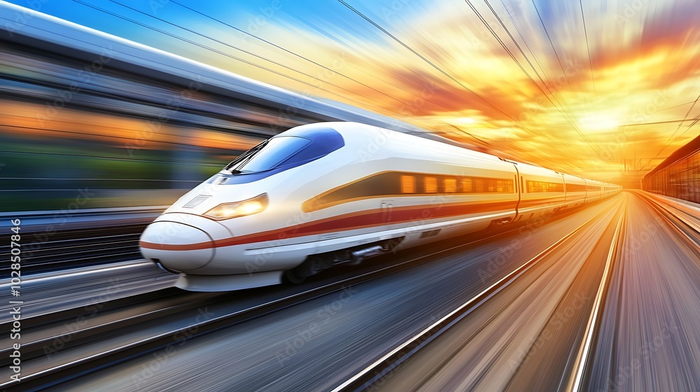 An impressive image of a highspeed train racing through the night, illuminated by the warm glow of the setting sun, creating a dramatic and dynamic scene. An impressive image of a highspeed train racing through the night, illuminated by the warm glow of the setting sun, creating a dramatic and dynamic scene.
