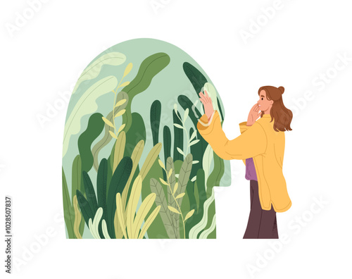 Girl discovery, search of yourself in psychology. Self knowledge, understanding concept. Person touches mental outlook, internal mind. Woman finds hope during inner crisis. Flat vector illustration