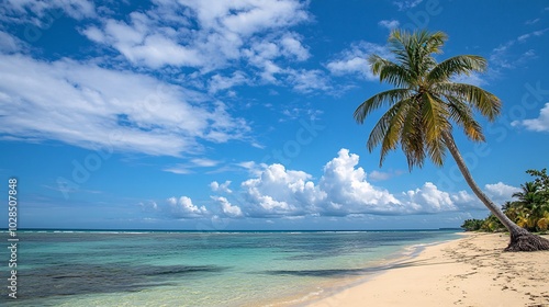 2410_062.serene tropical island beach with a lone palm tree leaning towards the crystal-clear waters of the turquoise ocean, warm golden sand beneath, and vibrant blue sky above with scattered soft