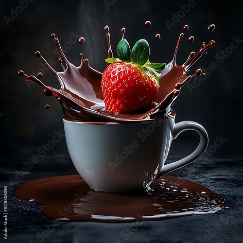 An actionpacked photo capturing the moment when plump strawberries tumbling into a frothy cup of hot cocoa, sending droplets of chocolate flying in all directions