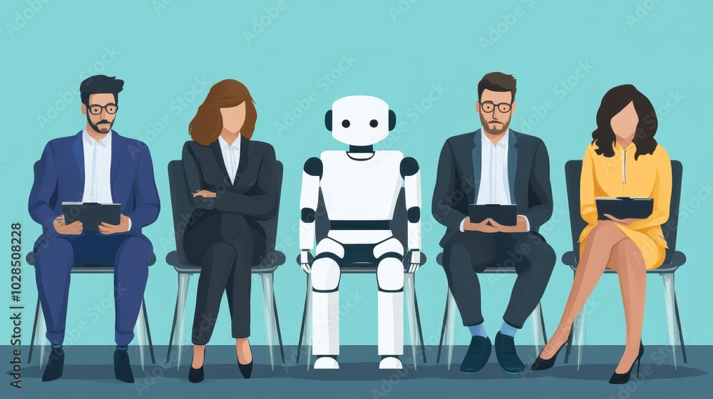 Obraz premium AI robot sits among people in a waiting room waiting for a job interview, replacing humans with artificial intelligence