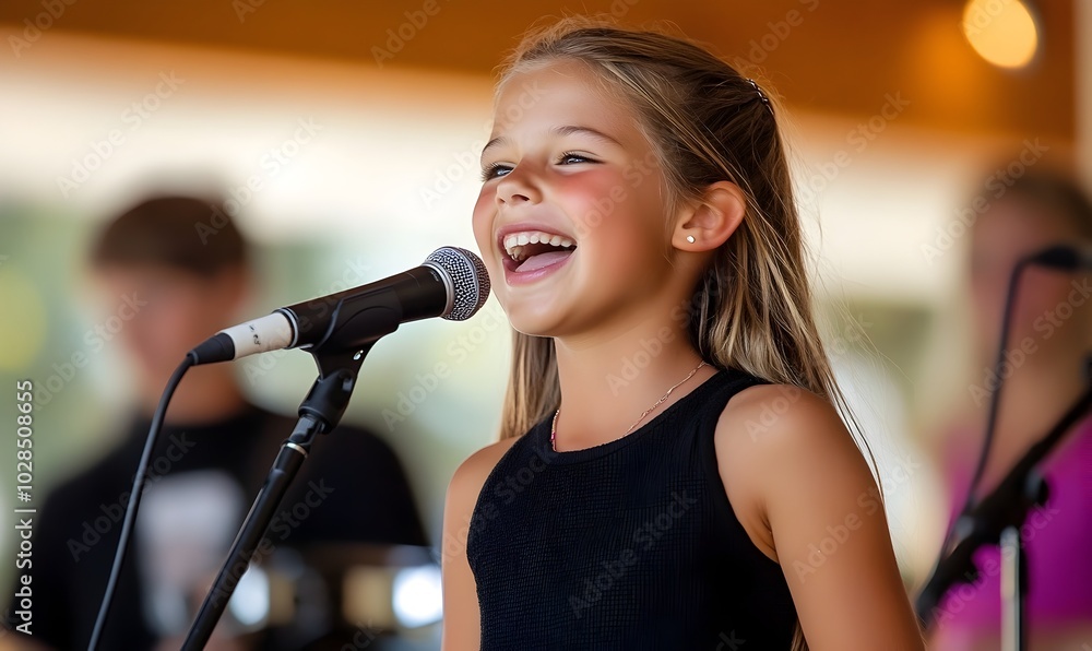 Excited Young Girl Passionately Singing into Microphone During Music Performance Excited Young Girl Passionately Singing into Microphone During Music Performance