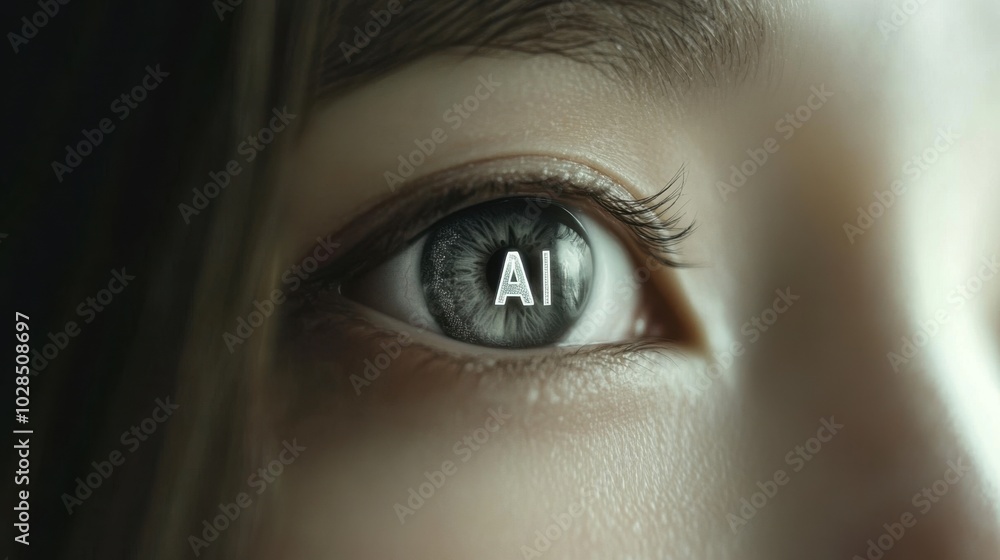 AI symbol seen in close-up on the eye, a concept of future cybernetic implants AI symbol seen in close-up on the eye, a concept of future cybernetic implants