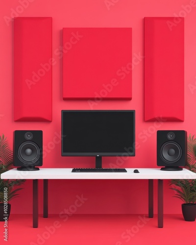 Modern Home Studio Setup with Red Acoustic Panels and Black Speakers