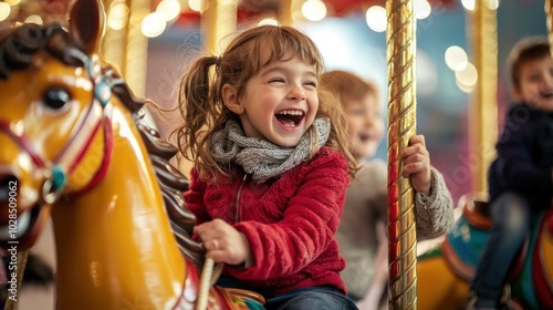 children laughing and smiling while riding a carousel horse, representing carefree moments of happiness