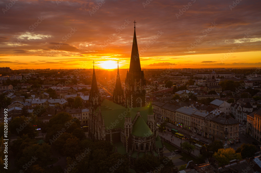 Obraz premium Aerial veiw on Elizabeth church in Lviv, Ukraine from drone.