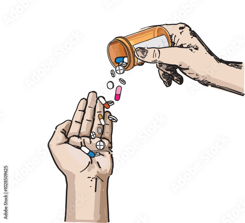 sipping pills to hand orange container medicine illustration on white background