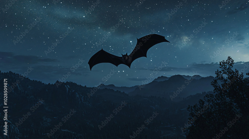 Fototapeta premium A bat with wide wings flying over a mountain range under a starlit sky.