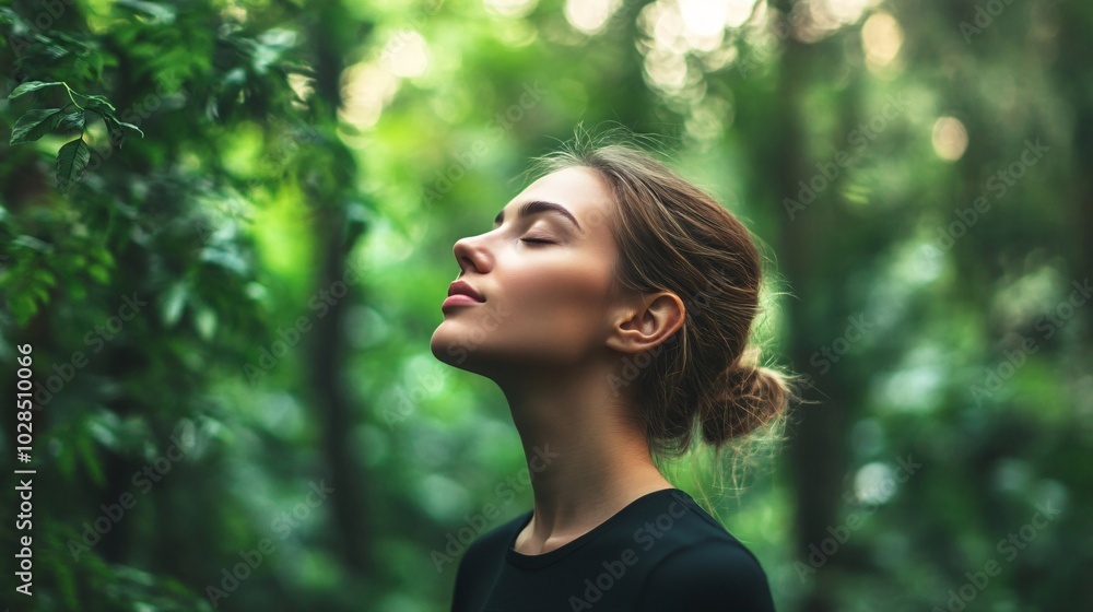 2410_114.young woman outdoors in a forest, eyes closed as she enjoys the peaceful surroundings, wearing dark sportswear, the green tones of the trees blurred in the background, conveying relaxation 2410_114.young woman outdoors in a forest, eyes closed as she enjoys the peaceful surroundings, wearing dark sportswear, the green tones of the trees blurred in the background, conveying relaxation