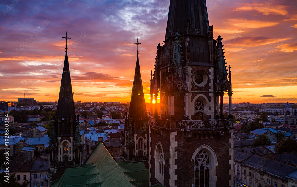 Naklejka premium Aerial veiw on Elizabeth church in Lviv, Ukraine from drone.