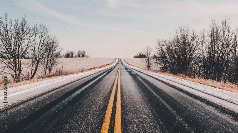 Winter Road with Snow-Dusted Fields and Barren Trees Winter Road with Snow-Dusted Fields and Barren Trees