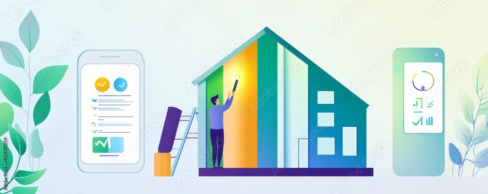 A creative process of home renovation featuring a person painting a colorful exterior, showcasing modern technology and design. A creative process of home renovation featuring a person painting a colorful exterior, showcasing modern technology and design.