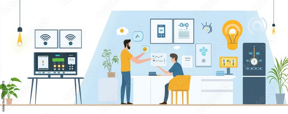 Two professionals engaging in a collaborative discussion in a modern office filled with technology and innovative design elements. Two professionals engaging in a collaborative discussion in a modern office filled with technology and innovative design elements.
