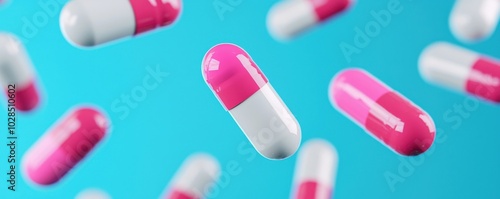 Pink and White Pills Falling on Blue Background Medical Concept