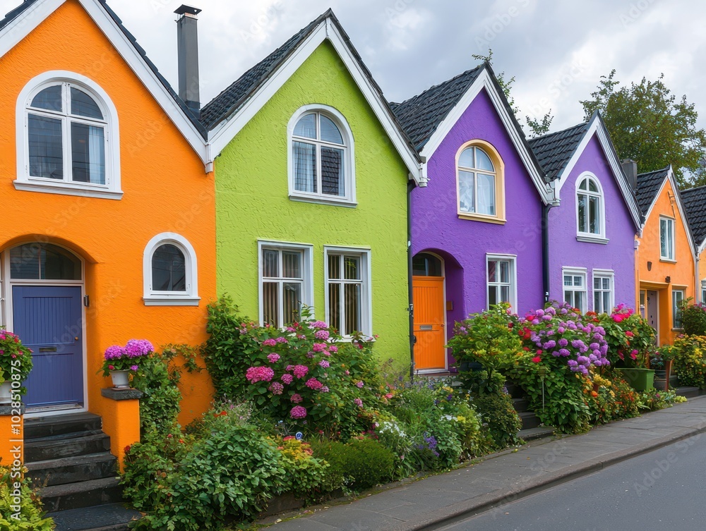 Charming row of vibrant houses in bright green and orange, showcasing a lively and colorful neighborhood. Charming row of vibrant houses in bright green and orange, showcasing a lively and colorful neighborhood.