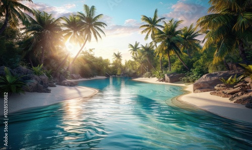 Oasis with palm trees and a shimmering pool, 4K hyperrealistic photo