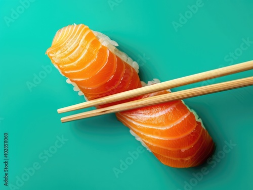 Close-Up of Chopsticks Holding Salmon Nigiri Sushi on a Vibrant Background photo