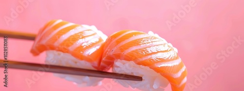 Close-Up of Chopsticks Holding Salmon Nigiri Sushi on a Vibrant Background photo