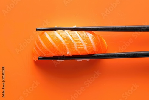 Close-Up of Chopsticks Holding Salmon Nigiri Sushi on a Vibrant Background photo