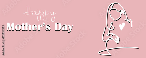Vector one line art illustration of a pregnancy woman on pink background. Lineart banner for mother's day