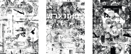 Set of glitch distorted grunge overlay textures. Collection of overlaying textures with halftone dots, scratches and lines .Screen print vector layers pack. Overlays with grunge textured surface