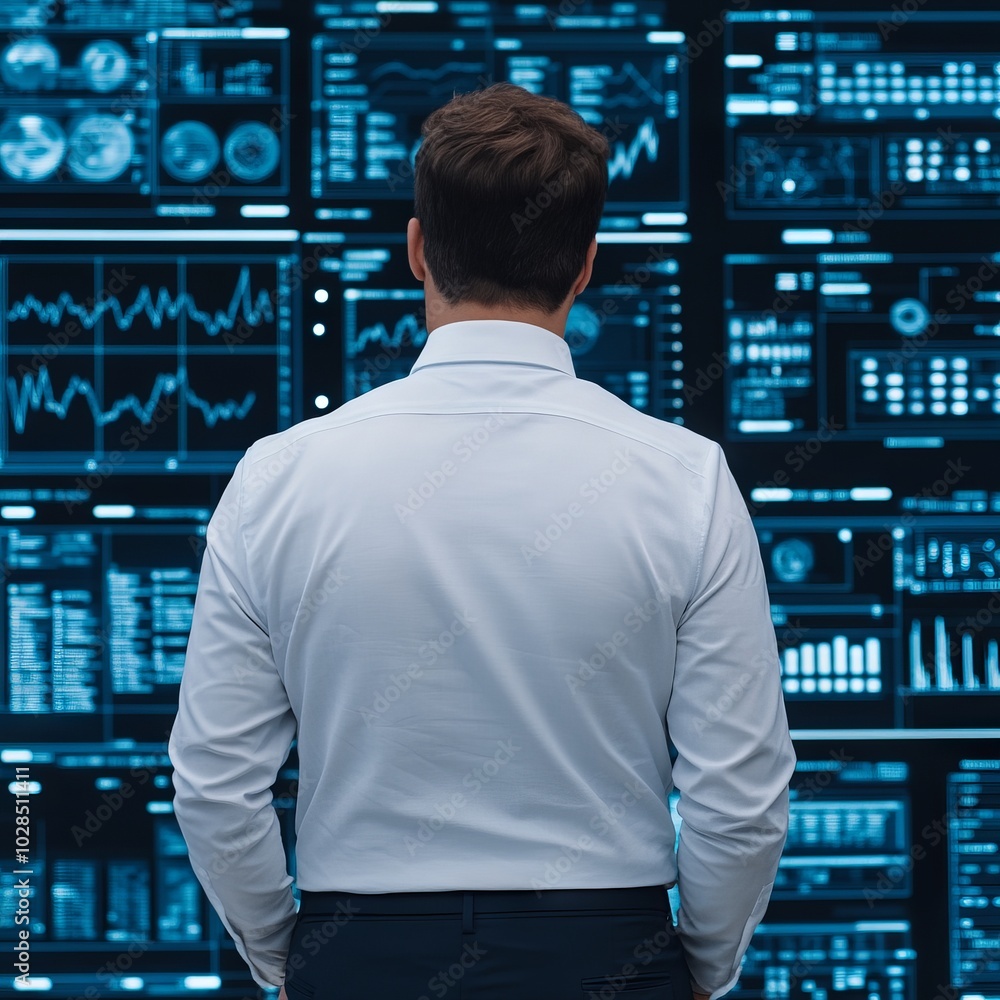 A person analyzing data on a digital display in a business environment.