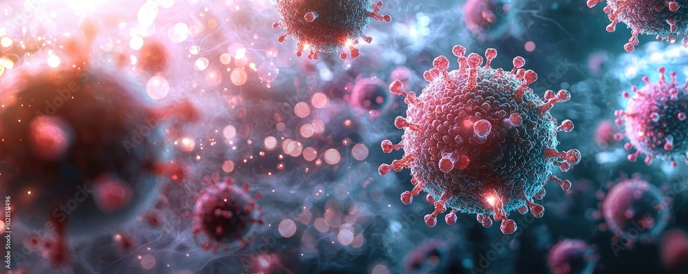 Microscopic view of virus particles in vibrant colors, abstract science background. Microscopic view of virus particles in vibrant colors, abstract science background.