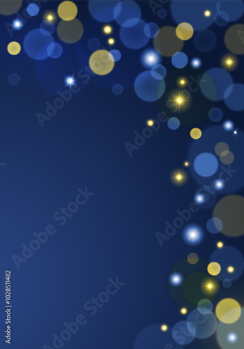 Yellow-blue bokeh on a blue background with stars. A festive shiny background for postcards and invitations. An amazing fantasy illustration with an empty space for text.
