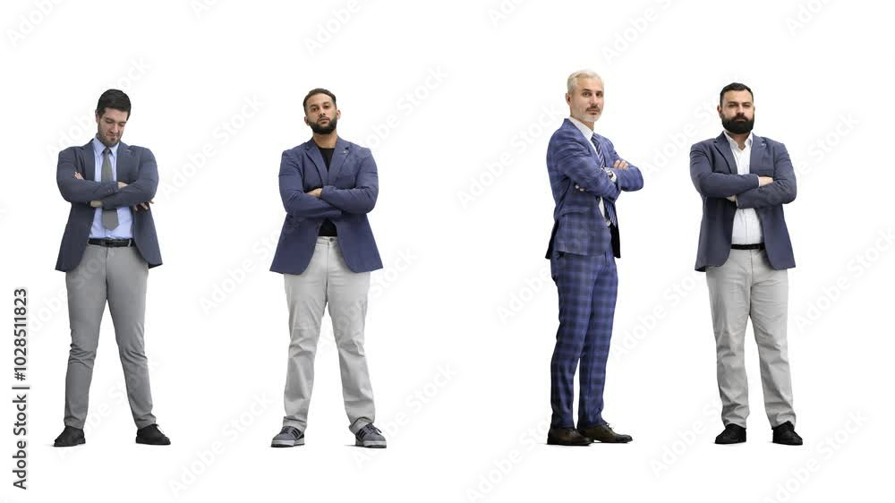 A group of people, on a white background, in full height, crossed their arms