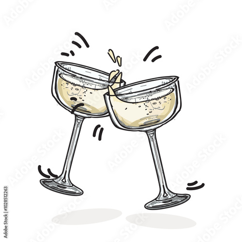 Clinking cheers glasses champagne graphic vector illustration. Chin chin party with two champagne glasses